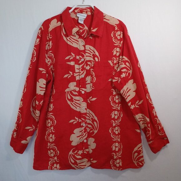 Soft Surroundings Linen Tunic Red Tan Floral Button Up Collared Shirt Womens L - Picture 5 of 9